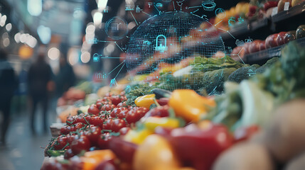 Fresh Harvest: A vibrant array of fresh produce at a market, symbolizing food security and innovation in agriculture, with a futuristic overlay of digital technology.