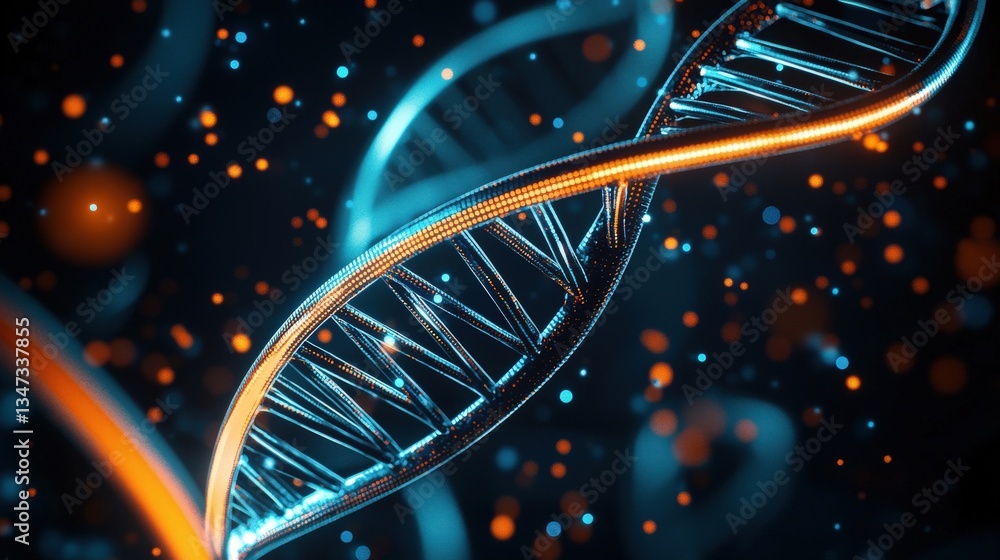 Poster a vibrant digital rendering of a dna double helix, showcasing intricate details and glowing elements