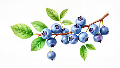 Blueberries on branch with green leaves