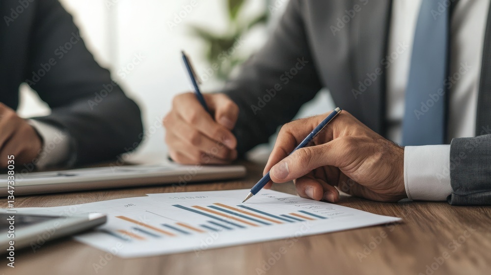 Poster two professionals analyze financial charts and graphs during a meeting, focusing on data-driven deci