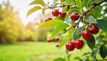 Cherry branch with ripe red cherries against a green background