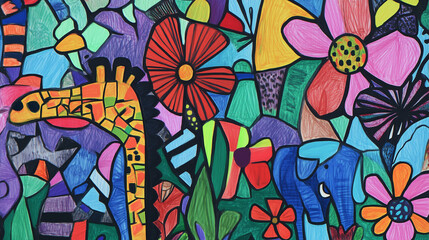 A messy doodle of a wild jungle with animals drawn in geometric shapes, like a triangle giraffe and square elephants, all surrounded by colorful, oversized flowers.