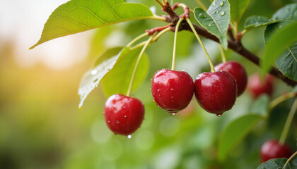 Cherry fruits on tree branch with water droplets