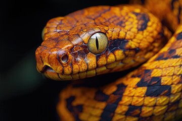 Obraz premium Beautiful yellow snake with big eyes on black background. Studio shot.