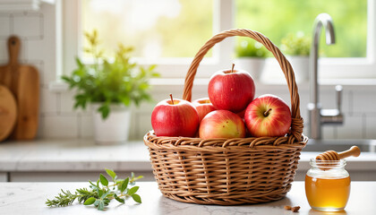 Red apples in a basket on a kitchen counter