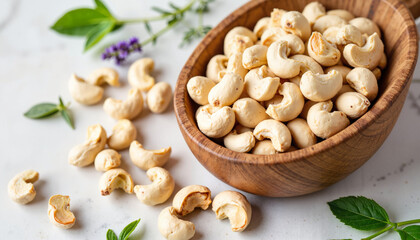 Cashews in wooden bowl with fresh herbs
