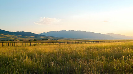 Golden Field Landscape Under Blue Sky At Sunset With Silhouetted Mountains and Wooden Fence