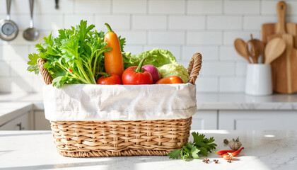 Fresh vegetables in a wicker basket on a kitchen counter