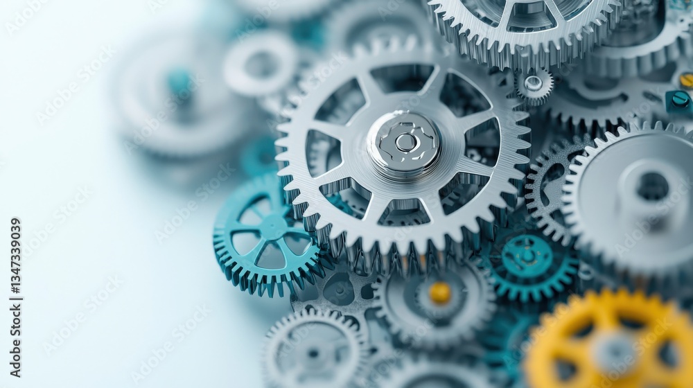 Poster a close-up view of interlocking gears in various sizes and colors, showcasing intricate mechanical d