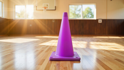 Purple traffic cone on basketball court with sunlight