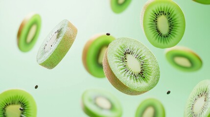 Sliced kiwi fruits floating against a soft green background, bright green pulp with tiny black seeds adding a vibrant, juicy contrast