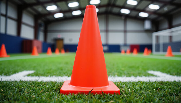 Orange cones on artificial turf in sports facility