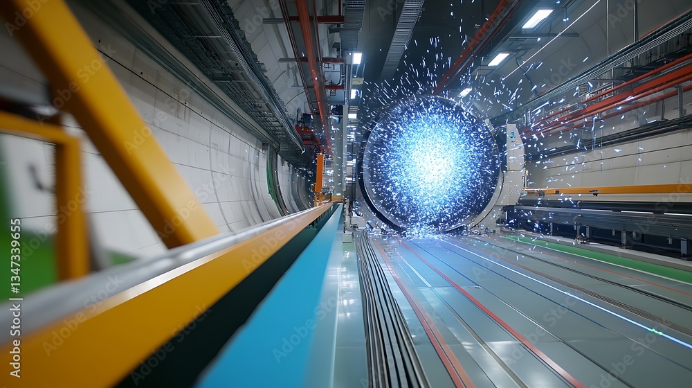 Poster a high-tech physics lab using augmented reality to explore the effects of quantum superposition on p