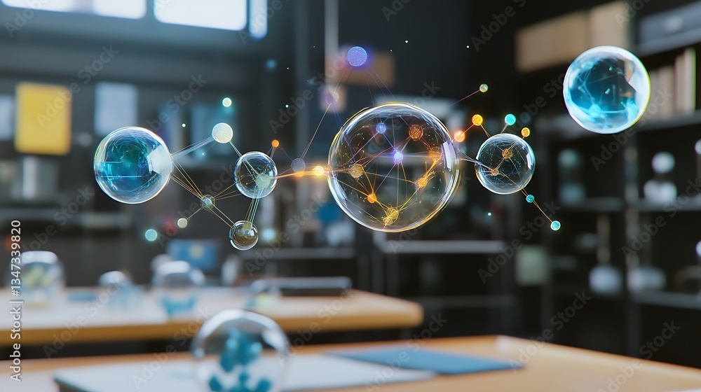 Poster a high-tech physics lab using augmented reality to explore the effects of quantum superposition on p