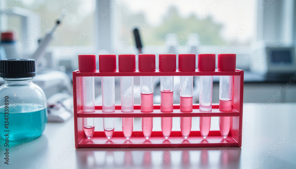 Poster laboratory test tubes containing colorful liquids on a lab bench