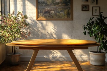 Beautiful wooden table illuminated by natural light in a cozy indoor space with plants and artwork