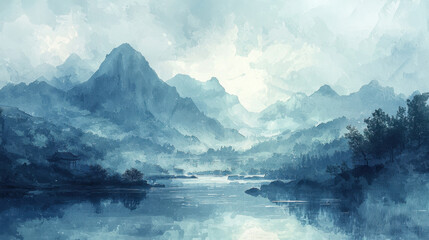 Misty hills rise in the background, while a tranquil river reflects the soft colors of dawn. Trees frame the water, enhancing the peaceful atmosphere of the landscape