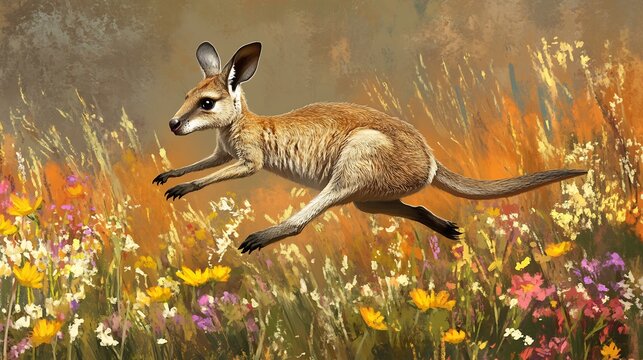 Agile Wallaby bounding through field of wildflowers petals scattering air force of jump body perfectly captured motion vibrant colors of flora contrast beautifully earthy tones of the wallaby's fur
