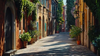 Fototapeta premium A peaceful cobblestone street in a quaint Italian village is adorned with vibrant greenery and charming buildings under bright sunlight. The atmosphere is serene and inviting