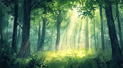 Fototapeta premium In a peaceful forest, soft sunlight streams through dense green leaves, creating a calming atmosphere. The ground is lush with grass and dappled light