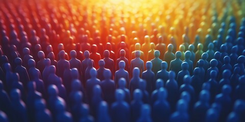 Crowd of miniature figures in a gradient background representing diversity during a sunrise or sunset event