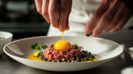 Chef Preparing Exquisite Beef Tartar with Egg Yolk
