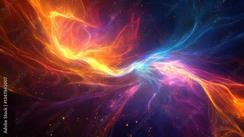Poster glowing abstract waves of orange and blue light particles on dark background creating dynamic energy
