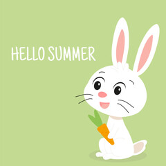 Hello Summer. Square postcard or banner with cartoon bunny, hare, rabbit, carrot. Lettering, Vector illustration