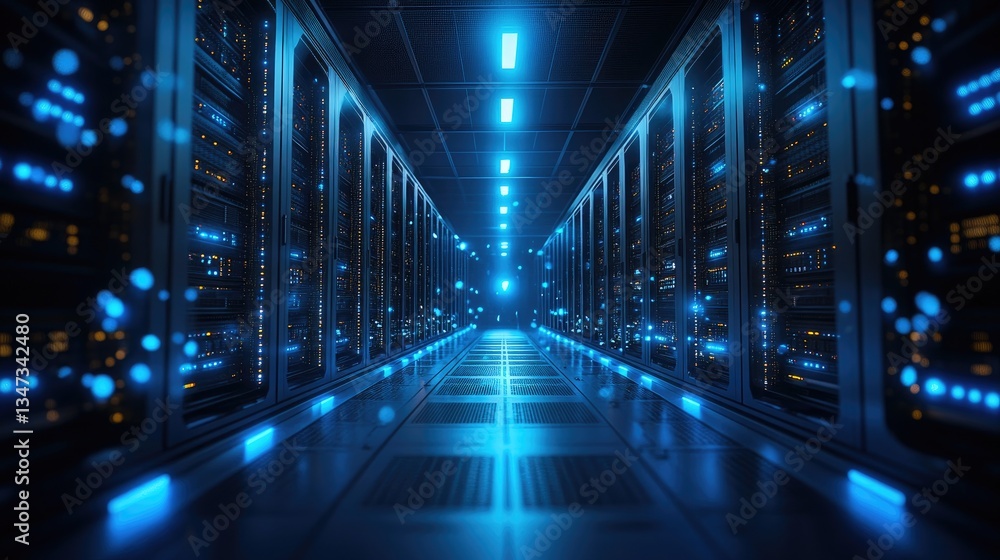Aufkleber a futuristic data center with glowing blue server racks, symbolizing cloud computing, cybersecurity,