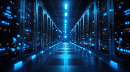 Fototapeta premium A futuristic data center with glowing blue server racks, symbolizing cloud computing, cybersecurity, and digital infrastructure. Ideal for AI, big data, and network security concepts