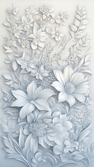 Delicate embossed floral design on a soft white surface, featuring intricate botanical patterns and high-detail textures.

