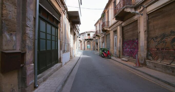 Cityscape of the Green Line in Nicosia Cyprus. Demilitarized Zone old abandoned houses. High quality 4k footage