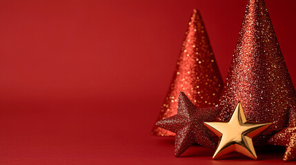 Festive Holiday Display with Glittering Red Cones and Radiant Gold Star on Scarlet Backdrop