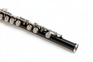 Fototapeta premium Black Flute with Silver Keys on White Background