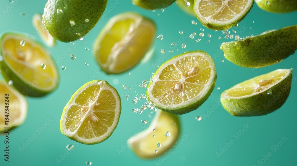 Poster lime slices are artistically suspended in mid-air, with droplets of water surrounding them, creating