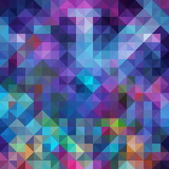 Vivid polygonal mosaic blending purple, blue, and teal hues with vibrant accents.