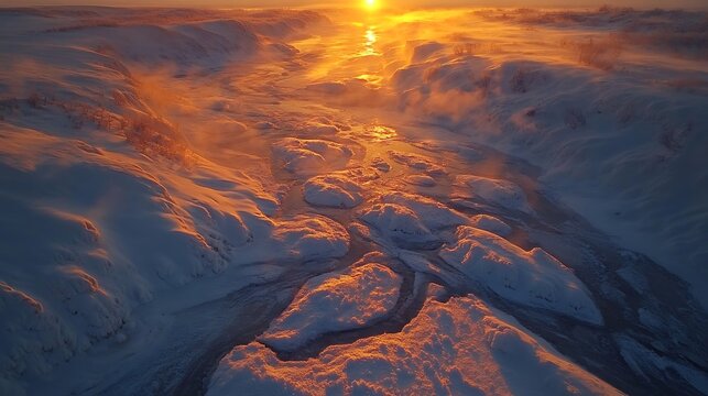 Aerial view of a frozen river winding through snow-capped mountains at sunset.  Possible use  Stock photo