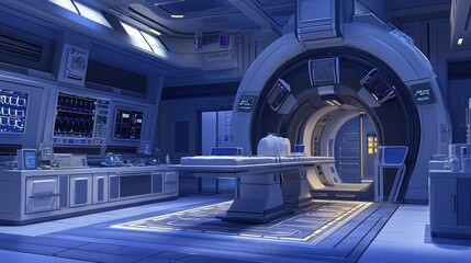 Futuristic medical lab interior.  Spacious, sterile, and technologically advanced medical facility, featuring high-tech equipment, consoles, and a circular accessway