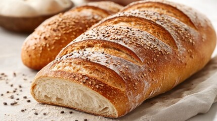 Fototapeta premium Artisan Crusty Bread, Sesame Seeds, Bakery, Delicious, Golden Brown,
