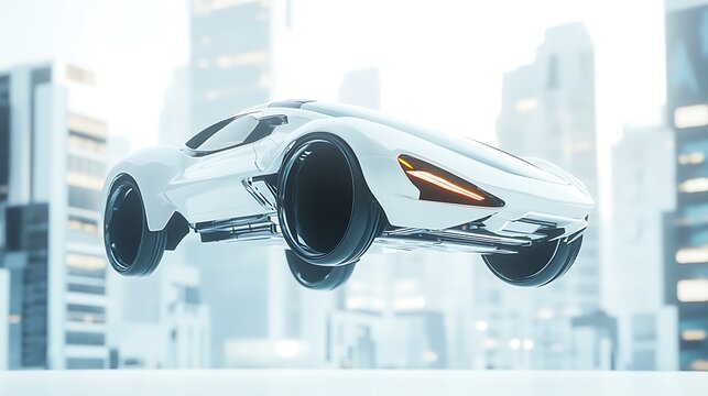 White and black futuristic hover car floating in urban landscape