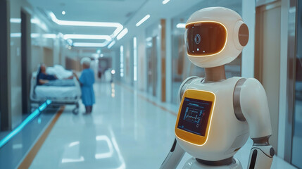 Futuristic healthcare robot assisting in modern hospital with patient monitoring. medical AI, smart healthcare, advanced robotics, hospital automation, elder care, medical robotics, ai in hospitals