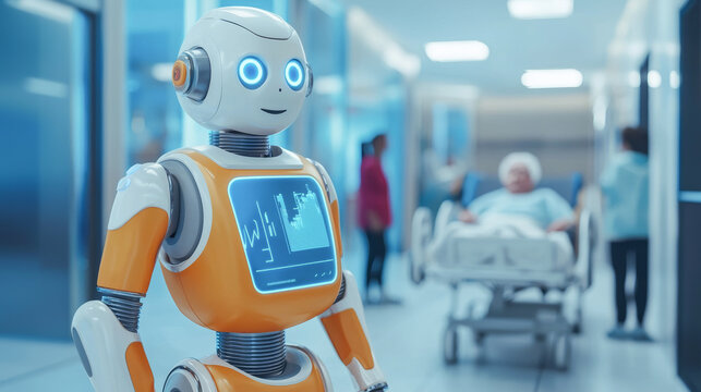 Medical robot assistant with digital display in hospital hallway with patients and healthcare staff. patient monitoring, healthcare robotics, medical assistance, futuristic hospital technology, care