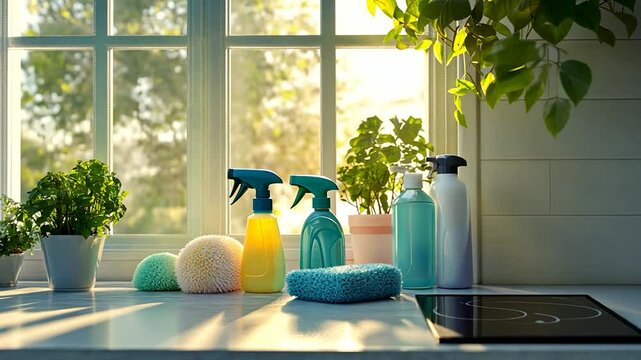 Sunny Kitchen Windowsill Cleaning Supplies