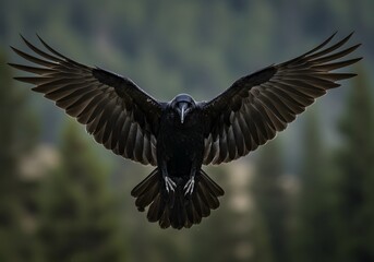 Obraz premium Majestic Raven in Flight: A Dark Beauty Soaring Through the Forest
