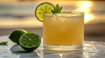 Fototapeta premium A refreshing golden citrus cocktail garnished with lime and mint, enjoyed during a vibrant sunset by the ocean, with warm golden light illuminating the scene.
