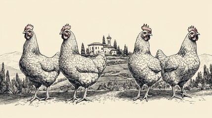 Four hens in picturesque rural scene