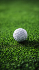 Obraz premium White golf ball positioned on lush artificial turf, showcasing crisp details and a soft blurred green background.