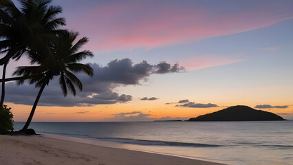 Tropical beach sunset illuminating palm trees, ocean and island