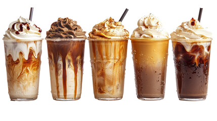 Delicious chocolate milkshakes with toppings in glasses on transparent background. Drink, juice, shake, cream concept.