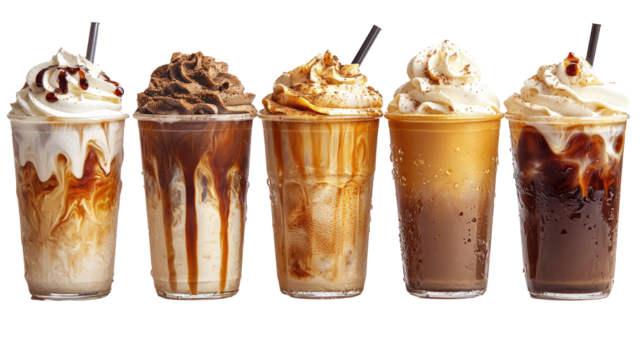 Delicious chocolate milkshakes with toppings in glasses on transparent background. Drink, juice, shake, cream concept.